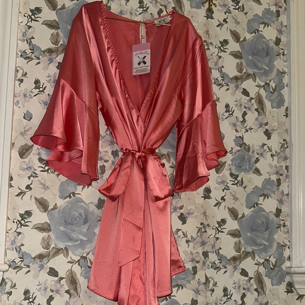 Coral silk wrap front romper